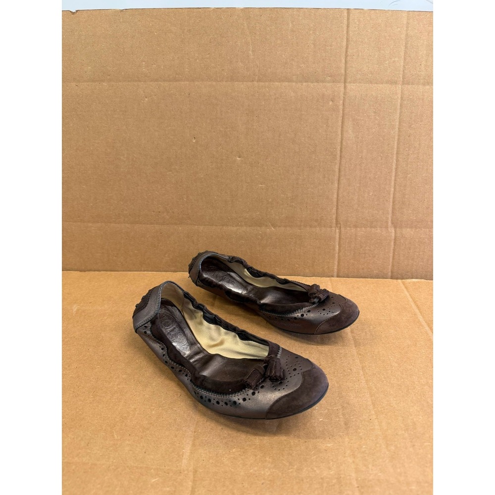 Tod's Suede Leather Tasseled Brogue Ballet Flats Black Grey Womens Size 39 EU